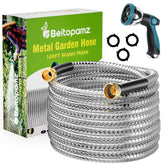 Beitopamz 100ft garden hose coil shows durable stainless steel for outdoor use.