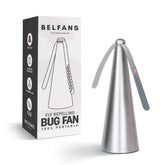 Belfans FlyRepellent Table Fan silver body keeps flies away during meals.