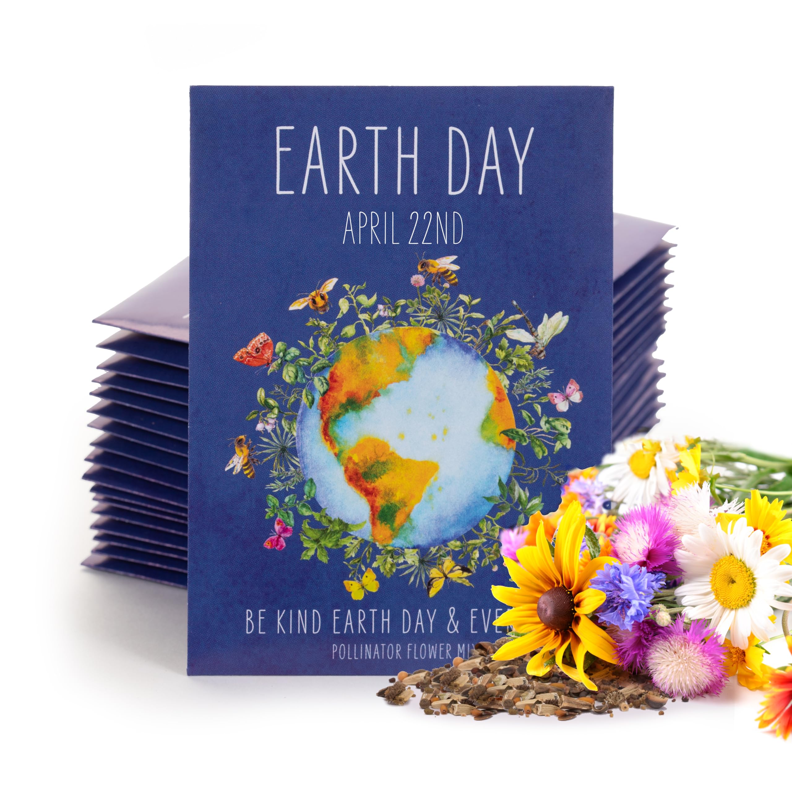 Bentley Seed Co Earth Day seed packet illustration with pollinators and vibrant flowers.