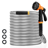 Besiter 100ft stainless steel garden hose in orange, flexible and tangle-free for easy watering.