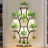BEVAURORA corner plant stand with grow lights, front view, showing bright, space-saving display