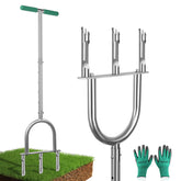 Bigwish manual lawn aerator with three hollow tines for deep soil relief.