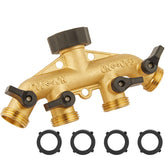 Bilal 4-way brass splitter front view for flexible four-hose watering.