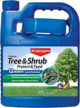 BioAdvanced 12-Month Protect & Feed bottle for year-long tree and shrub protection.