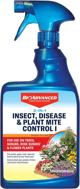 BioAdvanced 3-in-1 bottle label close-up showing pest and disease protection.
