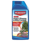 BioAdvanced 3-in-1 bottle illustrating insect, disease, and mite control for garden health.
