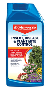 BioAdvanced 3-in-1 bottle showing triple-action pest and disease protection for outdoor plants.