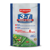 BioAdvanced 3-in-1 weed and feed granules for southern lawns nourish turf while targeting listed weeds.