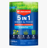 BioAdvanced 5 In 1 Weed and Feed granules bag showing weed control and lawn feeding benefits