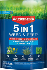 BioAdvanced 5-in-1 weed and feed bottle for easy spring lawn care.