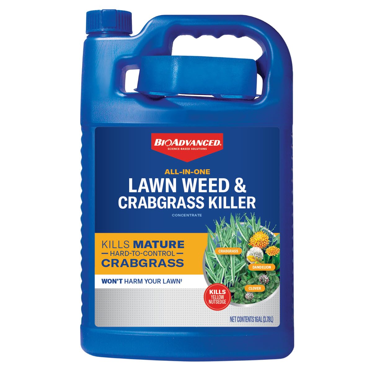 BioAdvanced All-In-One bottle targets weed roots in home lawns.