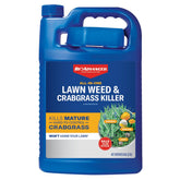 BioAdvanced All-In-One bottle targets weed roots in home lawns.