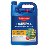 BioAdvanced all-in-one lawn weed killer sprayer on a lush green lawn.