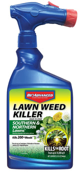 BioAdvanced lawn weed killer bottle labeled for broadleaf control in a yard setting