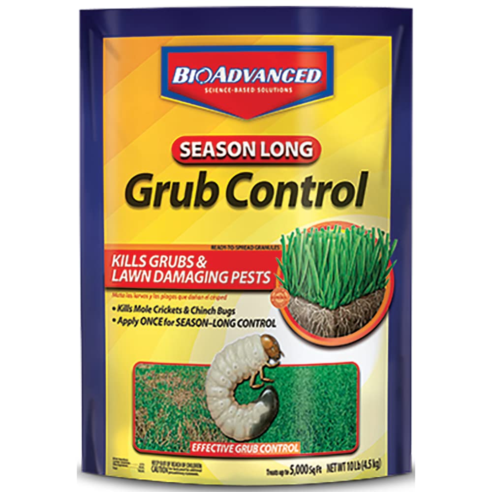BioAdvanced Season Long Grub Control granules applied on a lawn to protect turf