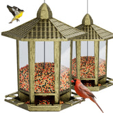 Birdream pagoda outdoor bird feeder with traditional design attracts sparrows.