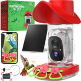 Birdsnap hummingbird feeder camera front view with solar panel powering continuous watching.