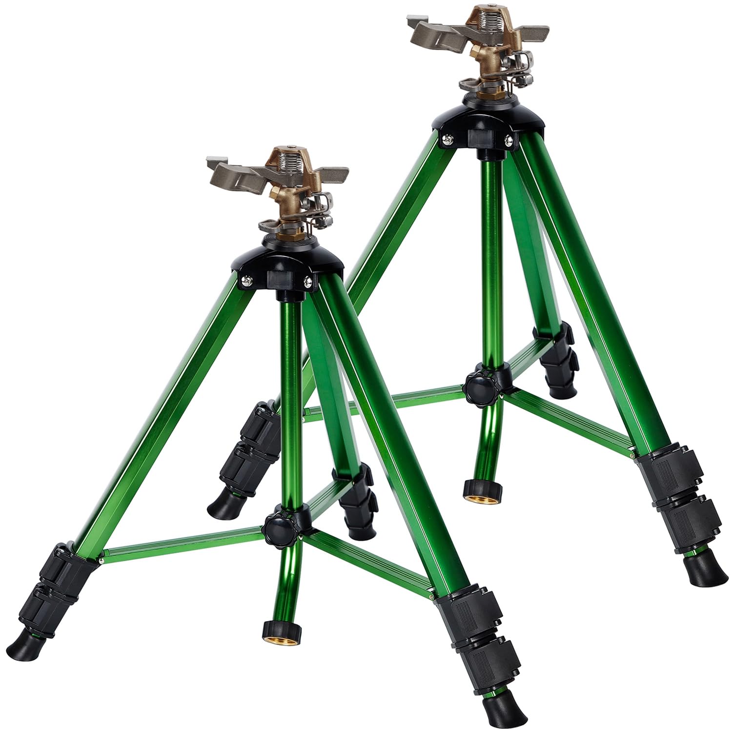 Biswing sprinkler head on tripod base for even lawn coverage.