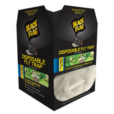 Black Flag Disposable Fly Trap outdoors with lure attracting major fly species.