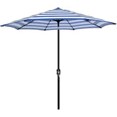 Blissun 9ft umbrella in blue and white stripe offering ample patio shade.
