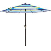 Blissun 9ft patio umbrella, blue and green striped canopy, provides broad shade for outdoor spaces.