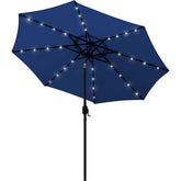 Blissun 9ft umbrella with LED lighting along ribs for evenings.