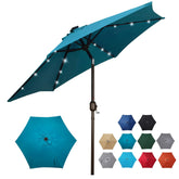 Blissun cerulean umbrella side view showing sturdy shade for sunny patios.