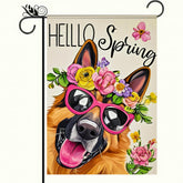 BlissYard ello spring flag with a sunny German Shepherd ready for outdoor décor.