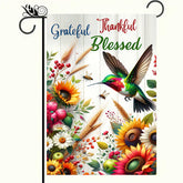 BlissYard Grateful Thankful Blessed flag front view with hummingbird and sunflowers, bright seasonal decor.