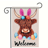 BlissYard Happy Easter flag featuring a Highland Cow with bunny ears for welcoming porches