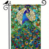 BlissYard Peacock stained-glass flag showcases vivid colors for sunny garden displays.