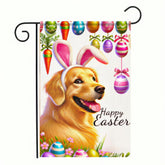 BlissYard spring flag with a golden retriever greeting guests outdoors.