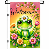 BlissYard welcome flag features a cheerful frog among flowers for vibrant spring garden decor.