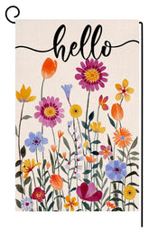 BLKWHT Hello Spring floral garden flag fluttering in sun for seasonal curb appeal