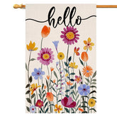 BLKWHT Hello Spring Floral flag with vibrant blooms for outdoor porch display.