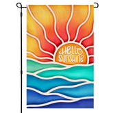 BLKWHT Hello Sunshine garden flag with sun motif, ideal for welcoming guests outdoors.