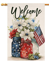 BLKWHT Mason Jar Floral house flag in burlap adds durable outdoor curb appeal.