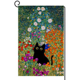 BLKWHT Spring Cat Garden Flag burlap, double-sided, vibrant floral design for outdoor display.