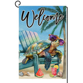 BLKWHT Summer Beach Sea Turtle flag front view on burlap for outdoor summer decor.