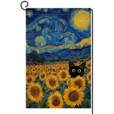 BLKWHT Summer Sunflower Cat garden flag front view with blue sky, perfect for outdoor welcome.