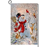 BLKWHT Winter Snowman flag front view on burlap, weather resistant outdoor decoration.