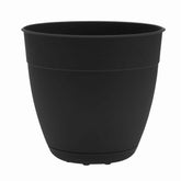 Bloem Dayton 12-inch black planter with saucer, ideal for clean indoor or outdoor setup.