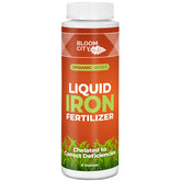 Bloom City Chelated Liquid Iron bottle close-up showing the brand and fast uptake potential.