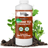 Bloom City Earthworm Tea Concentrate bottle ready for soil application to boost soil health.