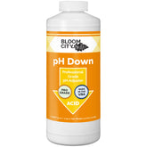 Bloom City pH Down bottle pour shows precise dosing for stable nutrient mix