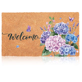 Blosssound hydrangea coir doormat welcome with butterflies; durable entrance mat for indoor and outdoor use
