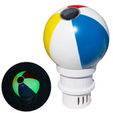 Blue Mano Beach Ball chlorine dispenser in pool, blending playfulness with steady tablet release.