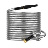 BlueGarden non-expandable metal hose 30ft coiled for easy storage.