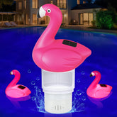 Blufree Flamingo Floater glowing at night for ambient pool lighting