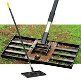 BlumeTrec lawn leveling rake assembled with long handle for easy yard leveling.